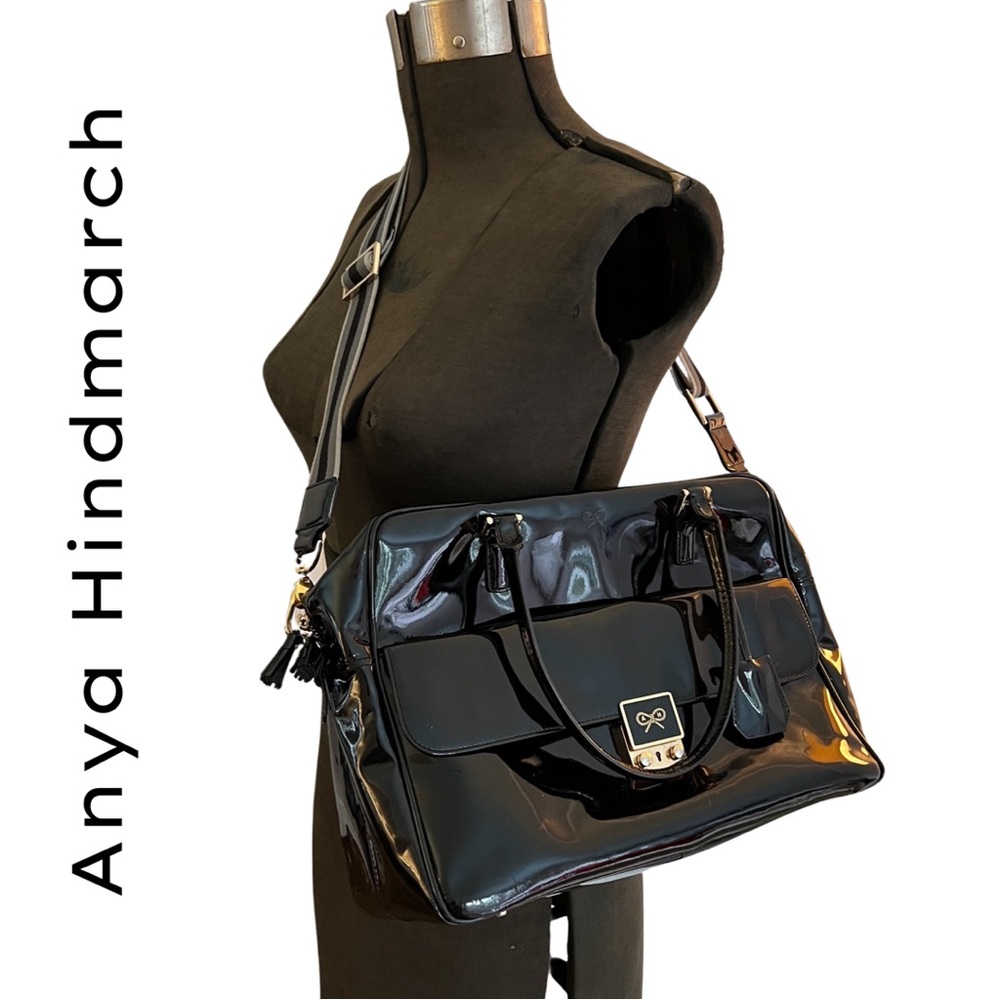 ANYA HINDMARCH BLACK PATENT LEATHER CARKER SATCHEL WITH DETACHABLE X-BODY STRAP